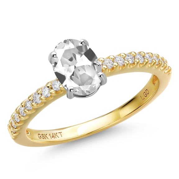 Gem Stone King 14K Two Tone Gold White Created Sapphire and Lab Grown Diamond Engagement Ring for Women | 1.16 Cttw | Oval 7X5MM | Gemstone September Birthstone | Size 5