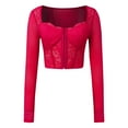thumbnail image 6 of Corset Top Going Out Outfits for Women Women's Long Sleeve Lace Mesh Crop Top Sexy Corset Slim Fit Square Neck Solid Color Top, 6 of 8