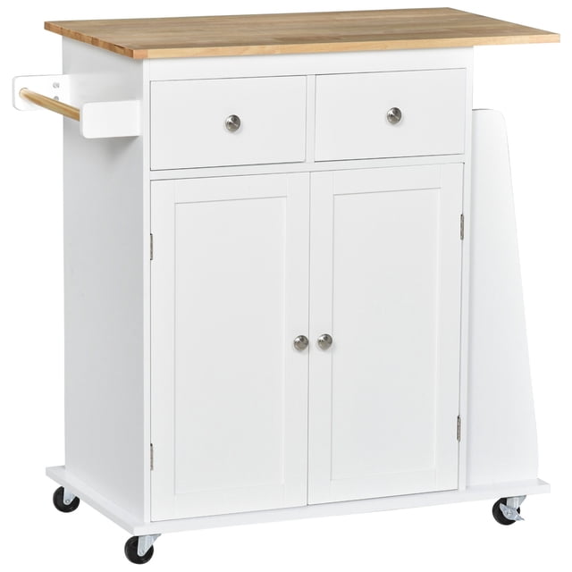 White Rolling Kitchen Island Cart with Spice Rack & Storage - 35" x 17.7" - Modern Kitchen & Dining Organization