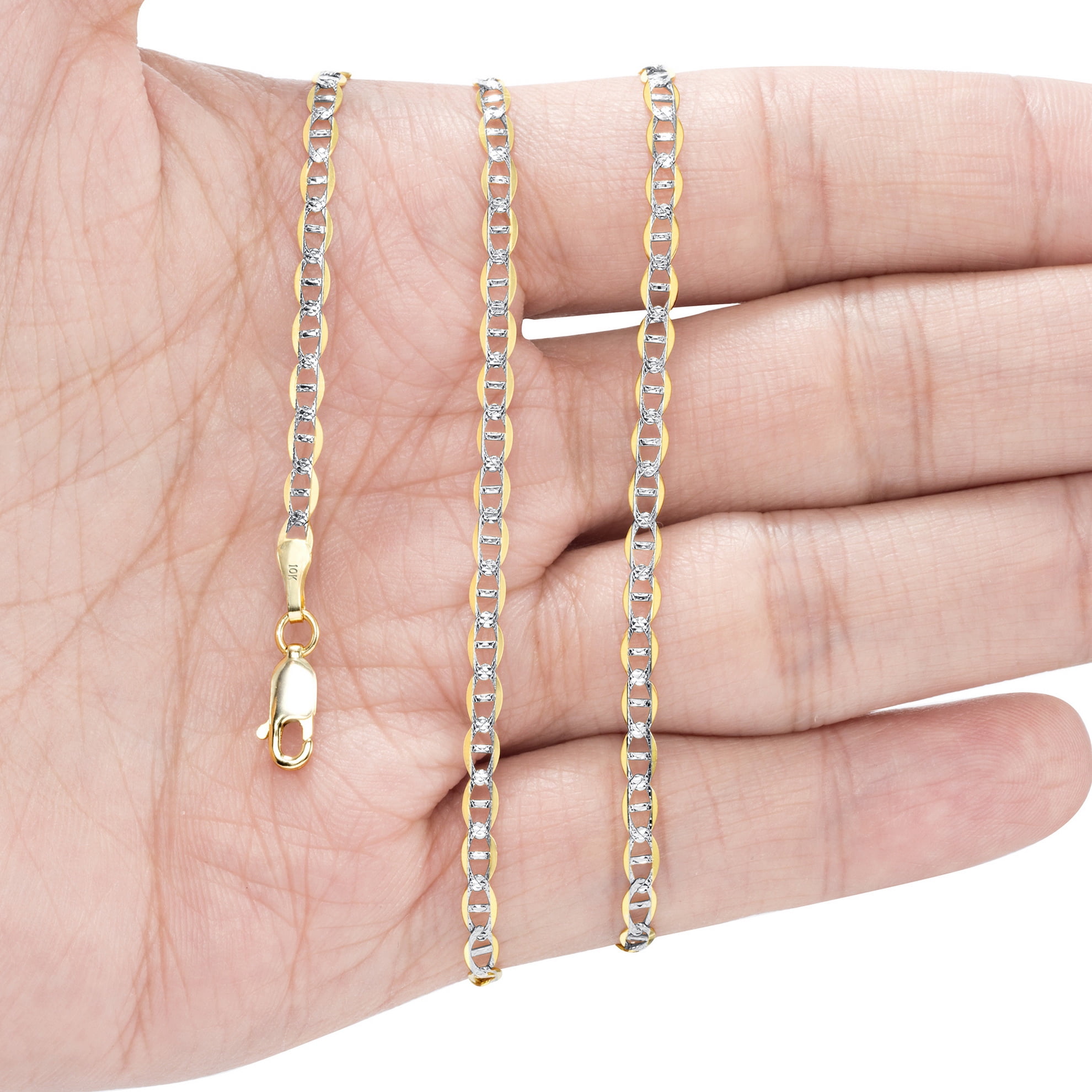 Nuragold 10k Real Yellow Gold Solid Mariner 3mm Anchor Chain Pave Diamond Cut Bracelet (7"-9") Two Tone Italian Jewelry for Men & Women