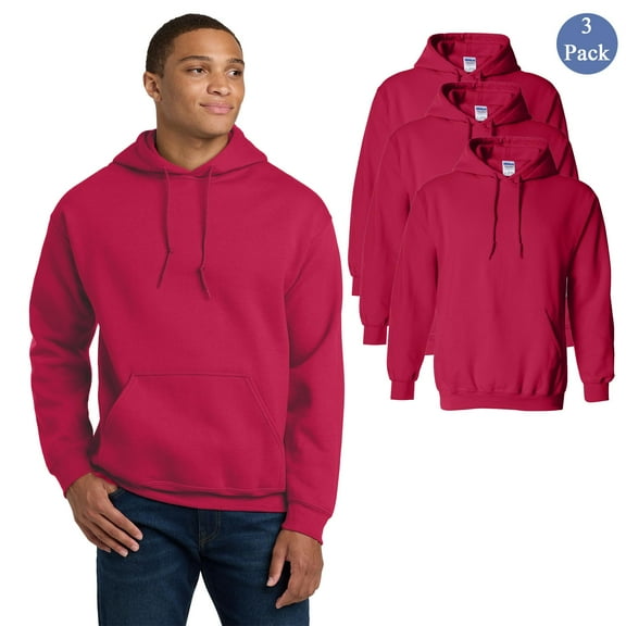Gildan Men Heavy Blend Pocket Hooded Sweatshirt, 3-Pack, Classic Fit Cherry Red Pullover Hoodie, S