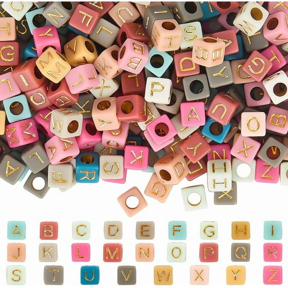 1400Pcs Gold Letter Bead Cube Alphabet Beads Bulk 6x6mm Acrylic Square 3.5mm Hole A-Z Letters Loose Craft Beads