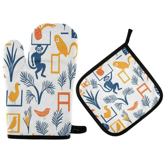 Yayeee Oven Mitts and Pot Holder Set of 2 Heat Resistant Kitchen Gloves Baking Hot Pad, Tropical Jungle Vibes