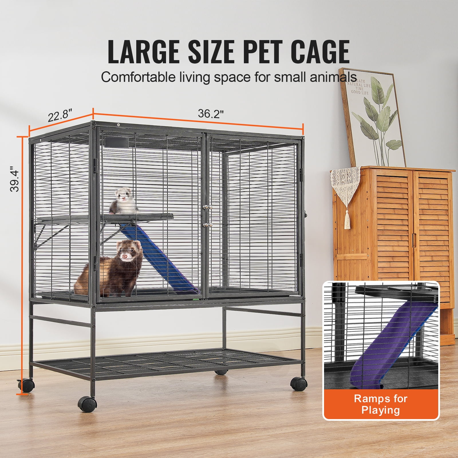 KFFKFF 39" Rolling Metal Ferret Cage, Spacious 2-Tier Small Animal Habitat with Ramps & Tray, Easy Assembly for Rats, Hamsters, Guinea Pigs, Chinchillas, Squirrels, Hedgehogs, and Rabbits