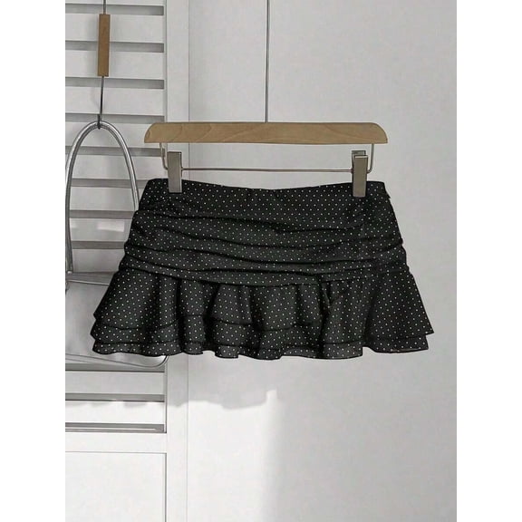 Black Polka Dot Pleated Tiered Ruffle Mini Skirt A-Line Sweet Vacation Style