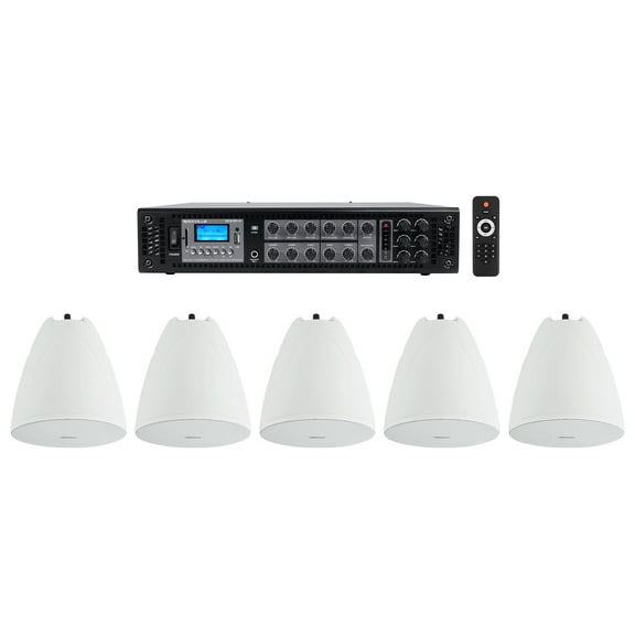 Rockville 6-Zone Amplifier Amp 5) White Pendant Speakers For Restaurant/Bar/Cafe