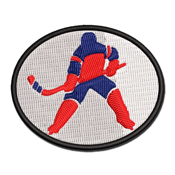 Hockey Player Holding Hockey Stick Applique Multi-Color Embroidered Iron-On Patch - 2.5 Inch Small
