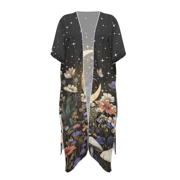 HELLHERO Moon and Floral Pattern Bathing Suit Cover Up Polyester Lightweight Free Size Long Kimono Swimsuit Cover Up for Women