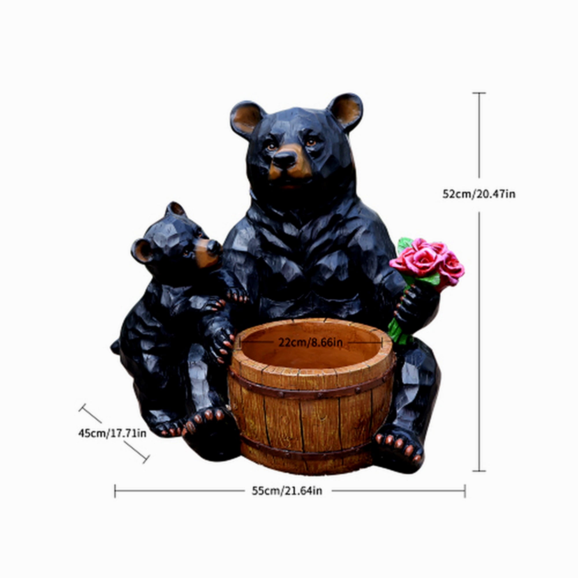 Bear Planter Statue Outdoor Garden Sculpture, Black Resin Flower Pot with Cub Design, Large Yard Decor for Patio Lawn