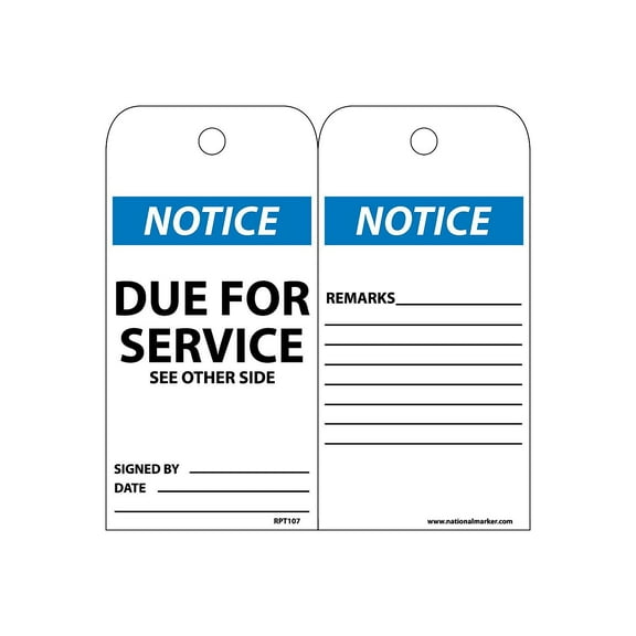 National Marker Accident Prevention Tags; Notice Due For Service 6X3 Unrip Vinyl 25/Pk RPT107