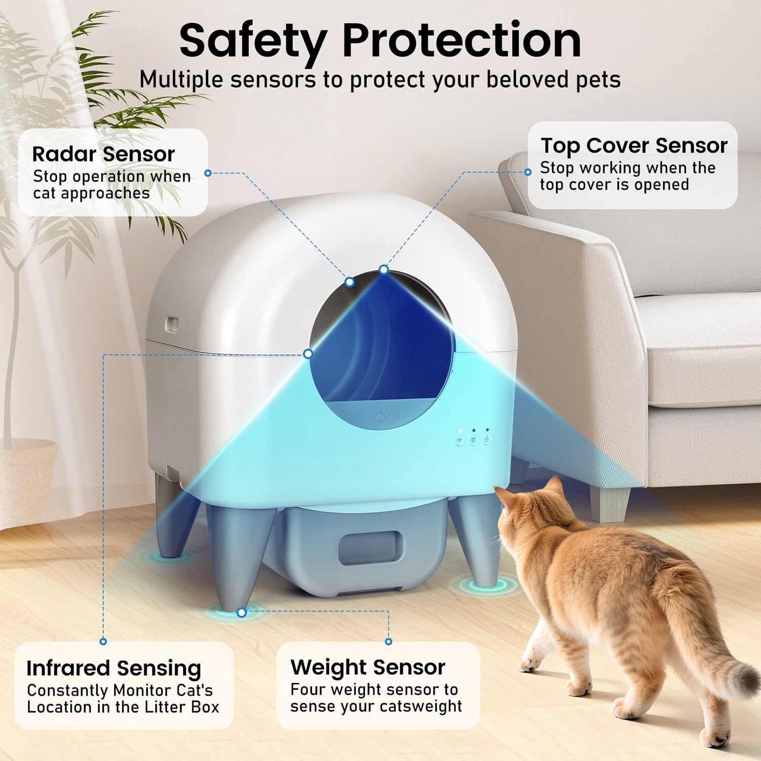 Smart Self-Cleaning Cat Litter Box with APP Control, Safety Sensors, Washable Removable Liner – Odor-Free Automatic Litter Box for Multiple Cats, Low Maintenance, Grey