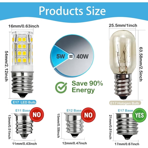 E17 LED Bulb 5W 120V Dimmable 6000K Daylight 40W Equiv Microwave 2PK | 30000H Life, Save 90% Energy, No Flicker No Hum, CRI80 Vivid, Smooth Dimming, for Stove, Fridge, Fan & More