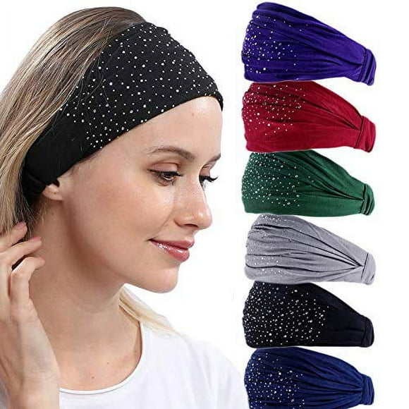DINPREY Diademas bandeau con diamantes de imitación (6 unidades) – Tela elástica de algodón y licra con diseño floral para mujeres, yoga, festivales nupciales, entrenamiento, maquillaje, uso diario
