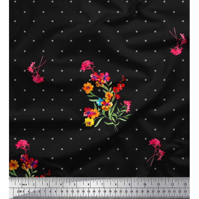 Soimoi Rayon Fabric Dot,Leaves & Periwinkle Floral Print Fabric by The Yard 56 Inch Wide