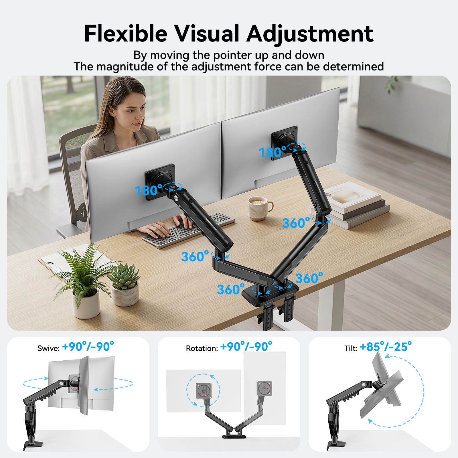 Kyspho FlowLift™ Dual Monitor Mount Stand for 13-32 inch Screens,Tool-Free Mount with MechaSpring,Full Motion Heavy Duty Visual Adjustment Arm Desk Mount, Max 100x100mm,Holds to 19.8 lbs per Monitor