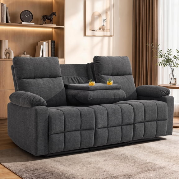 Korser 3-Seater Manual Recliner Sofa with Cup Holders and Recessed Power Strip,Reclining Couch with Pull-Down Table Reclining Sofa Chair for Living Room,Grey