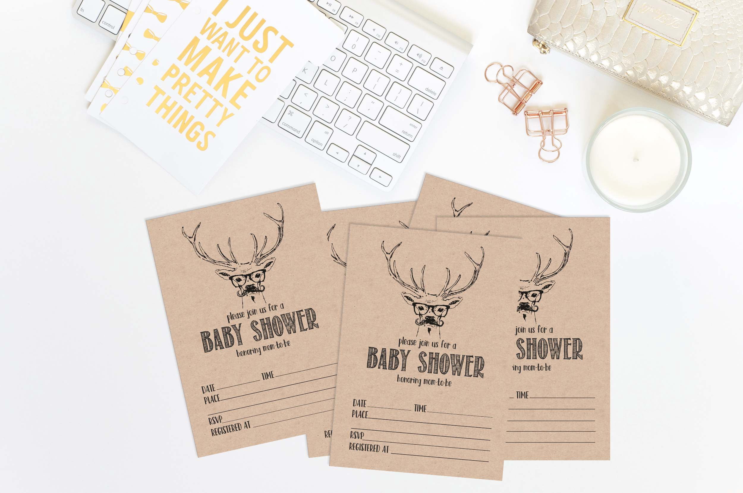 Inkdotpot 30Deer Jungle Animals Baby Shower Rustic Invitation Cards Gender Neutral Fill In Blank Invites