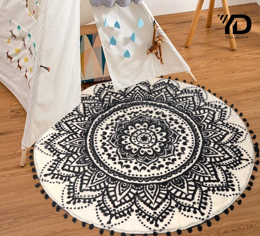 Boho Area Rug 4ft Black and Cream Mandala Round Bedroom Rug with Fringe