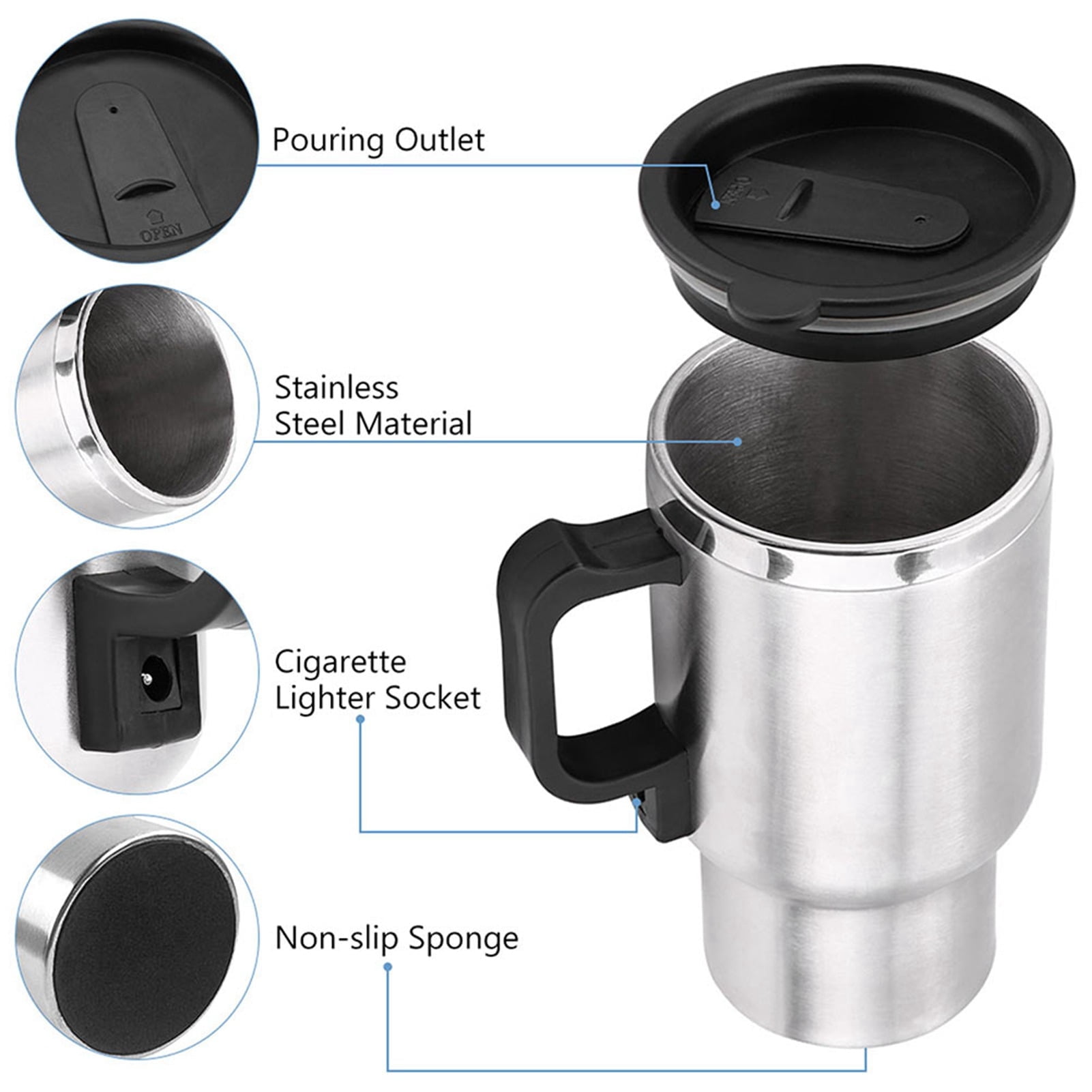 Electric Coffee Mug, Stainless Steel Spill-proof Water Kettle 12V 65 Warm Keeping 450ml For Car For Travel