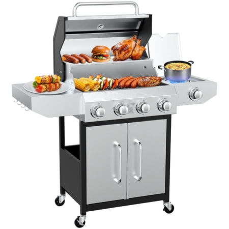 Frizi 4-Burner Gas Grill with Side Burner, 60,000 BTU Stainless Steel Propane Grill, Outdoor BBQ Flat Top Grill with Wheels and Side Shelves for Patio or Camping