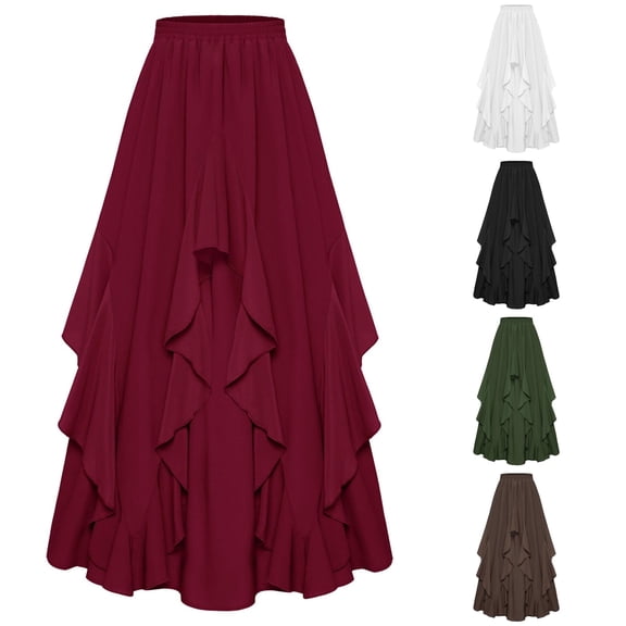 Wxolcjlv Women's Layered Ruffle Asymmetrical Maxi Skirt Elastic Waist Daily Long Skirts