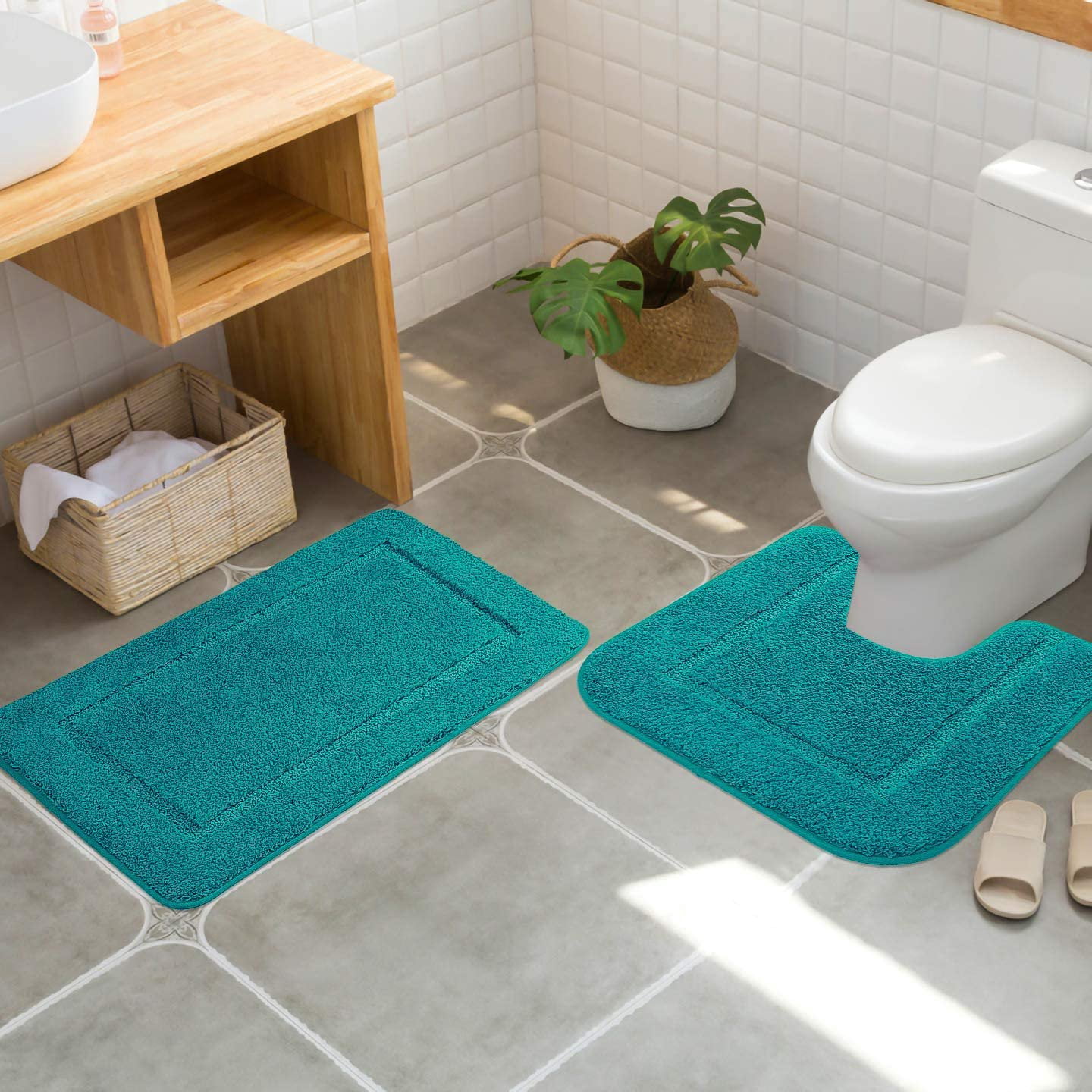 H HOMORE Luxury Set Green Bath Rug, Anti-Slip Bath Rug and U-Shaped, 2 Count