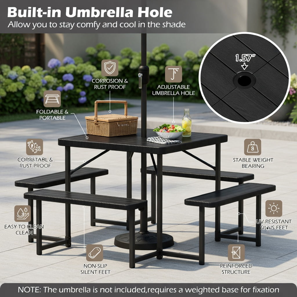 Hommoo Outdoor Square Picnic Table Set with Umbrella Hole, HDPE & Metal, Seats 4–8, Weather-Resistant Patio Dining Set, Black