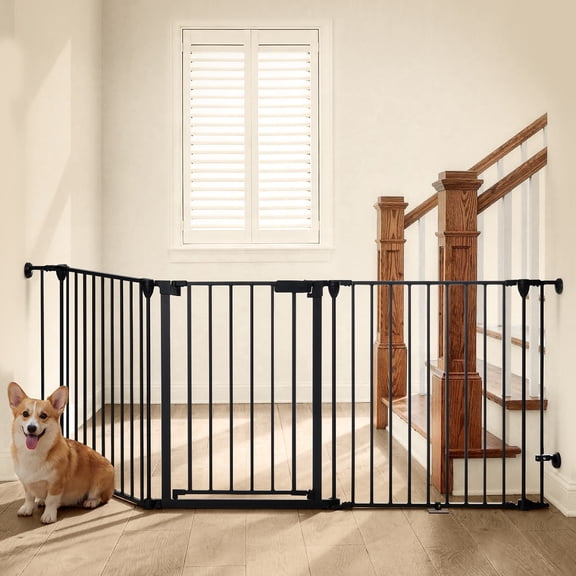 Pet Safety Gate, 3Panels 80" Extra Wide Iron Gates for Doorway Kitchen Playard, Black