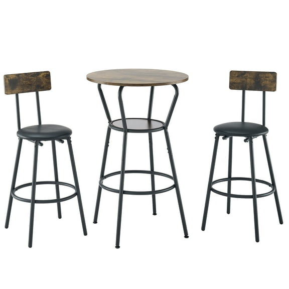 3 Piece Bar Table and Stool Set, Metal Framed Round Bar Table with Shelf, 2 Stools with Backrest, Industrial Dining Table with Chairs for Dining Room, Balcony, Rustic Brown