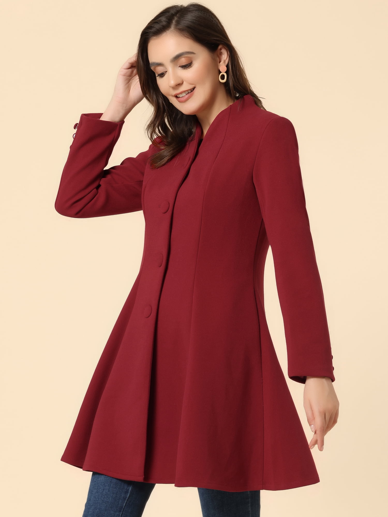 DARING DIVA Women's A-Line Long Sleeve Single Breasted Peplum Hem Long Coat Dark Red XL