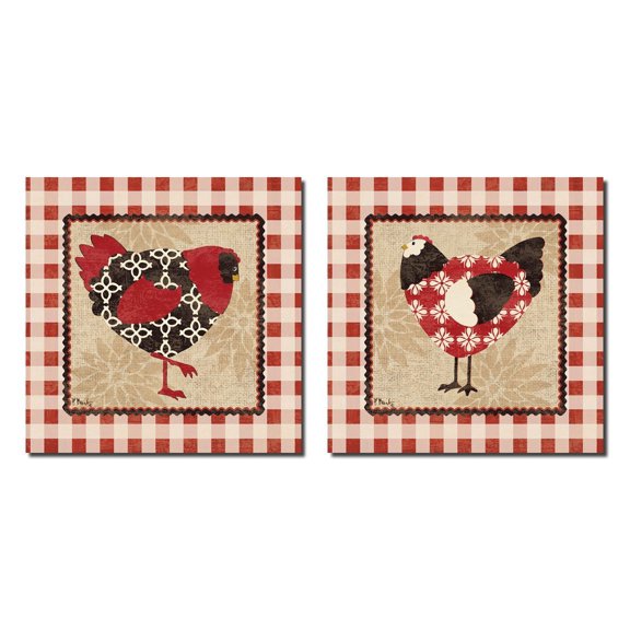 2 Barnyard Red and Black Chicken and Rooster; Kitchen Décor, 12 by 12-inch, Red/Cream/Brown