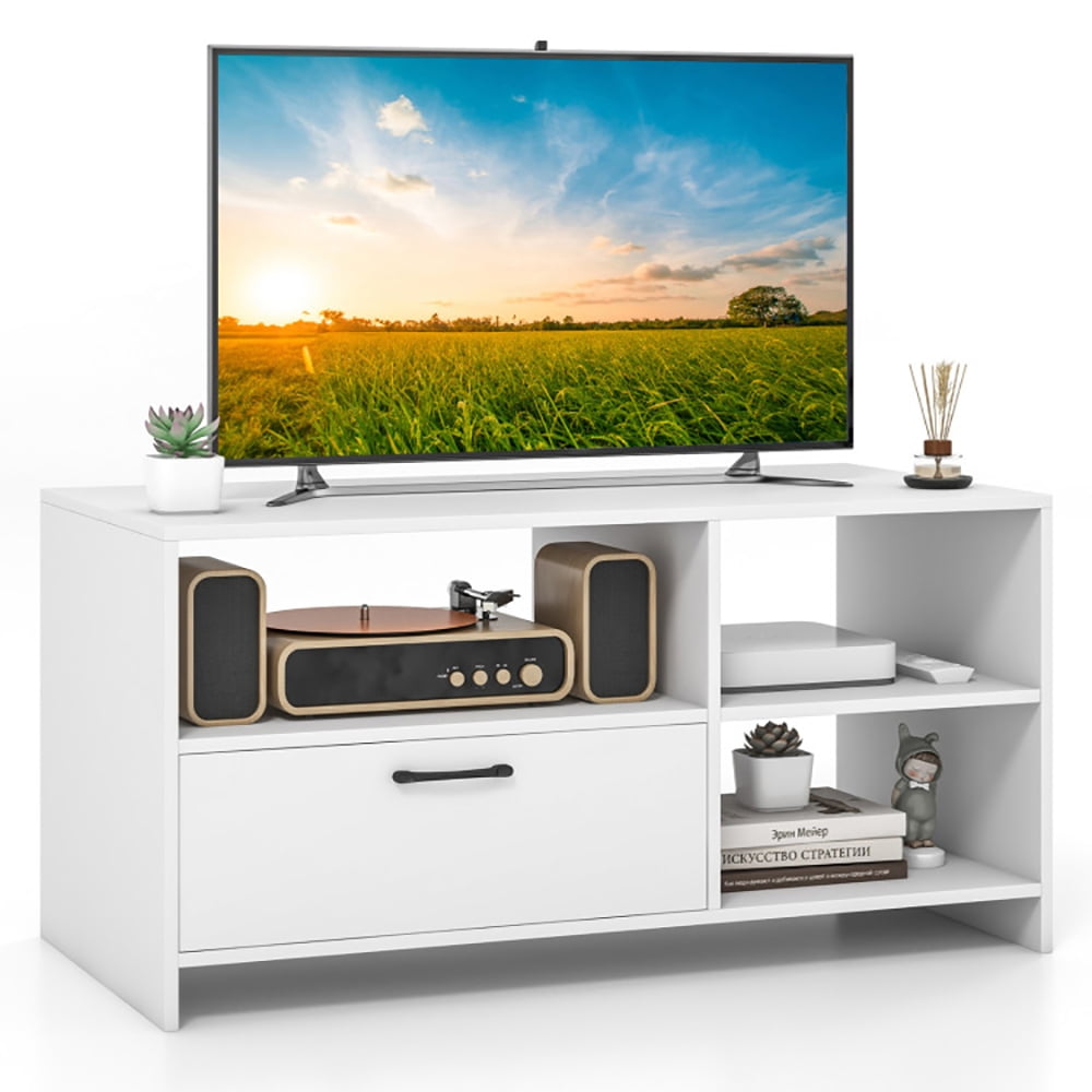 Finihen TV Stand, TV Cabinet, Modern Media Console Table with 3 Open Compartments and 1 Storage Drawer, for Living Room, Bedroom, White
