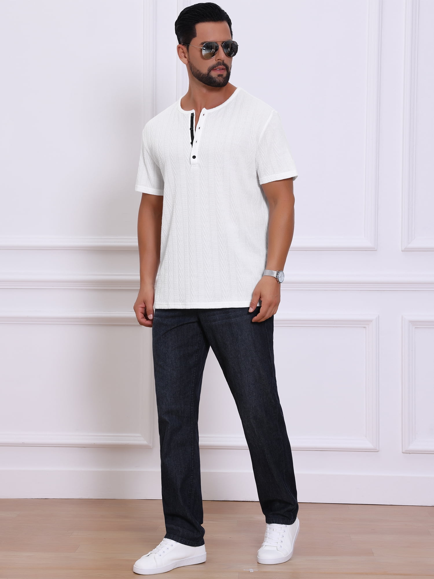 DARING DIVA Men's Henley Short Sleeve Button Down Jacquard Knitted T-Shirt S White