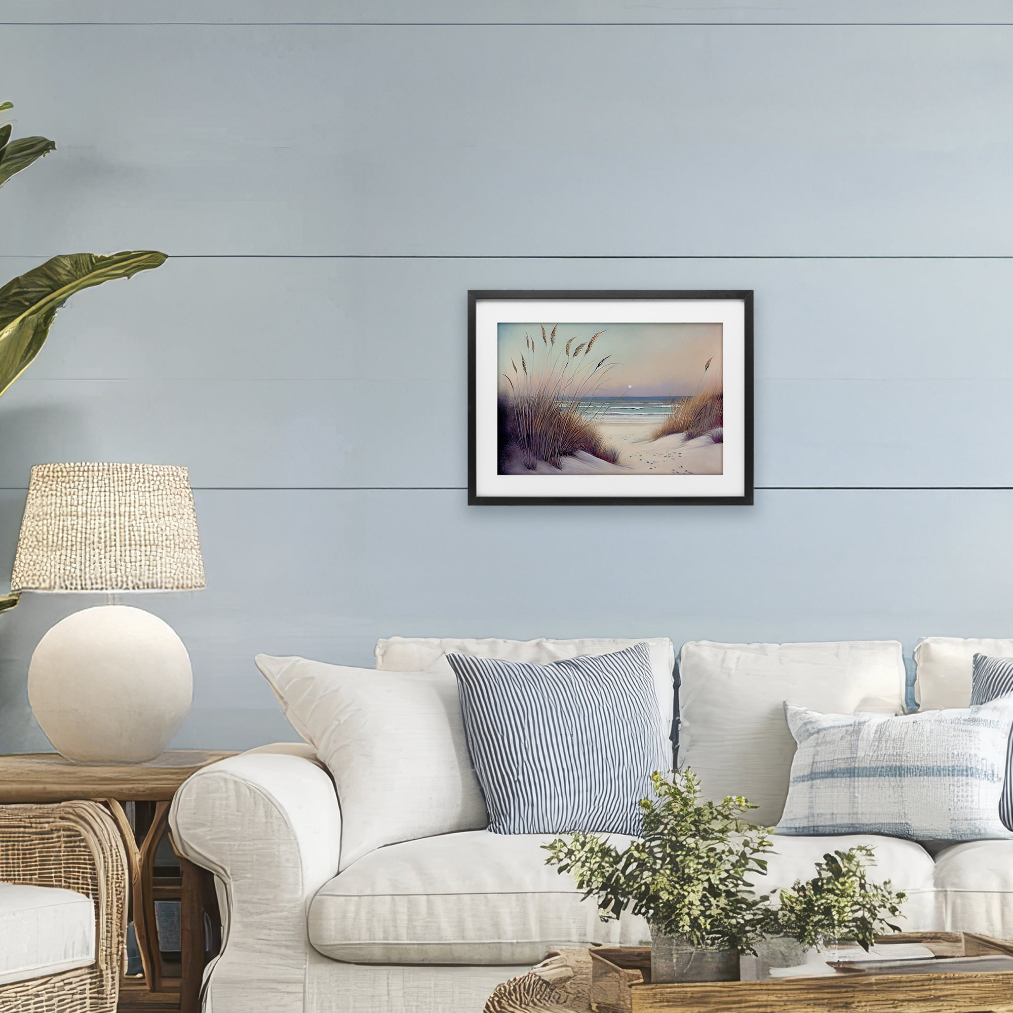Euphoria Beach Dunes View Black Framed Print Under Glass, design by Sasha