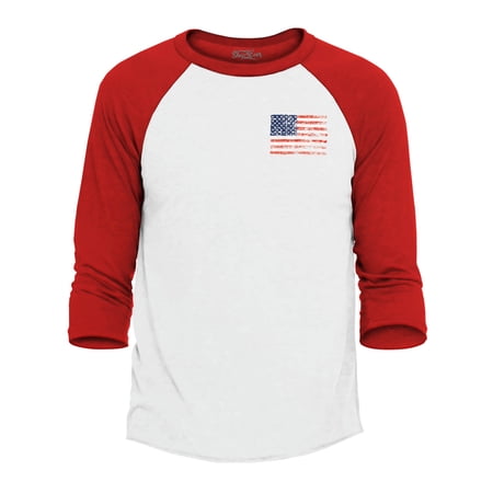 Shop4Ever Men s Distressed American Flag Pocket Size USA Patriotic 4th of July Raglan Baseball Shirt Medium White/Navy