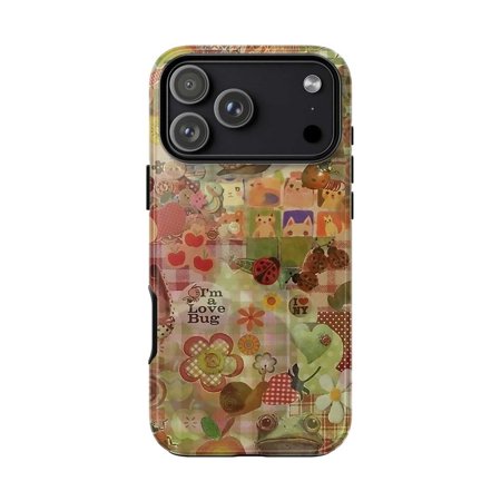 Cottagecore Aesthetic Patchwork Phone Case, Frog Snail Ladybug Gingham Collage Art for iPhone 17 16 15 14 13 12 11 Pro Plus Mini