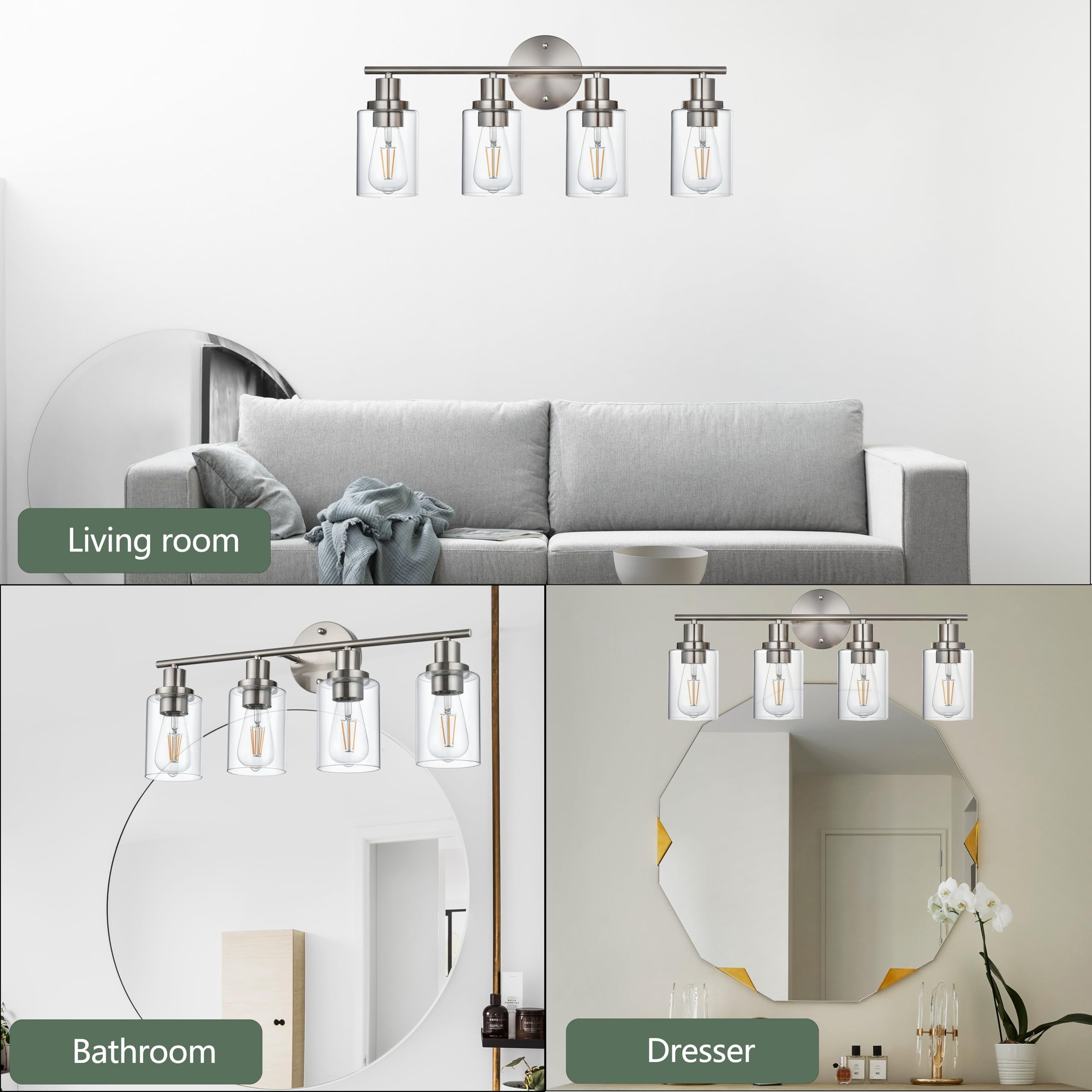 Melucee 4-light Vanity Light with Round Plate – Brushed Nickel Modern Bathroom Light Fixture, Dimmable Wall Sconce for Mirror, Bedroom, Makeup Area