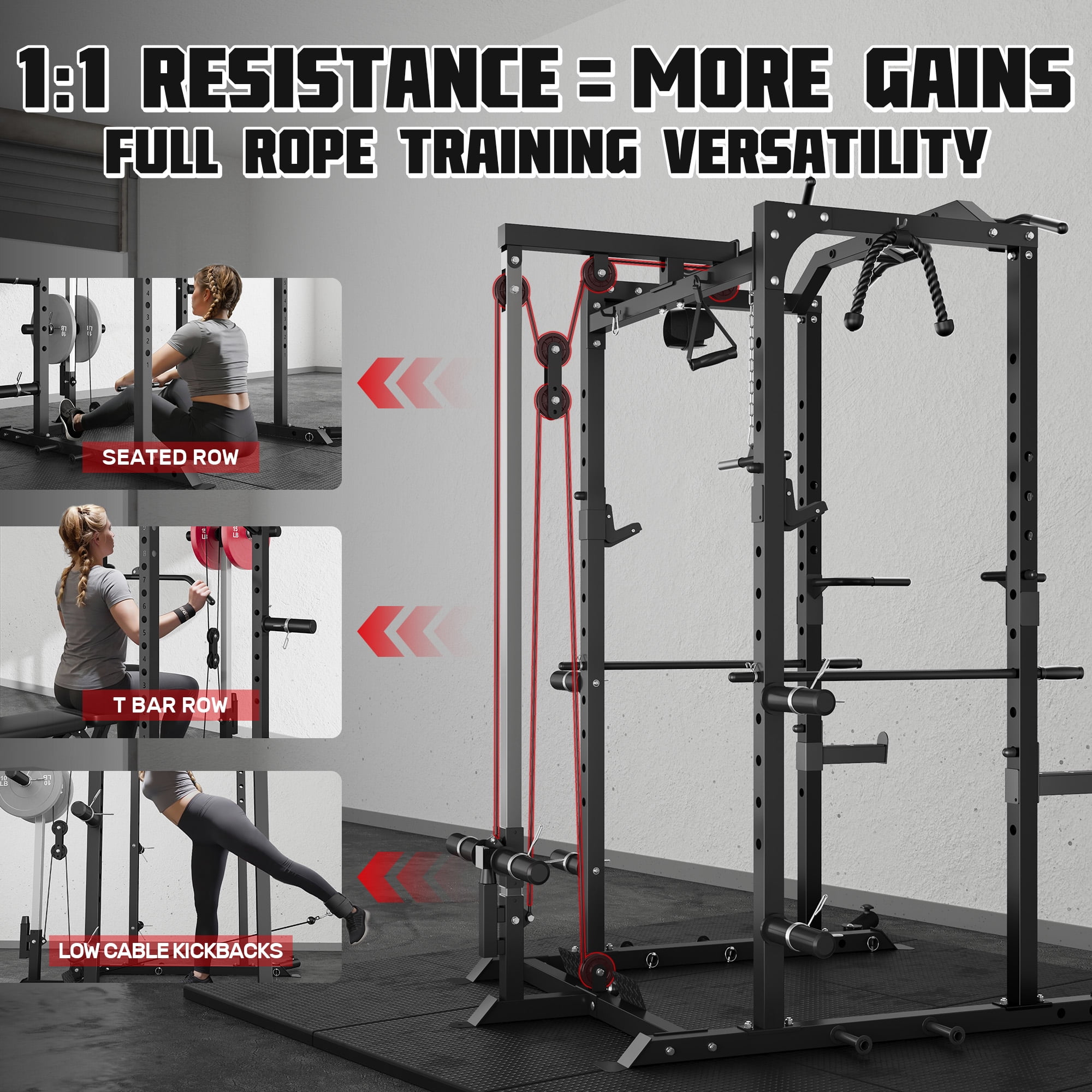 Power Cage, 2000LBS Squat Rack with LAT Pulldown, Multi-Function Weight Cage Strength Training Machine, Workout Cage with More Attachments for Home Gym Garage