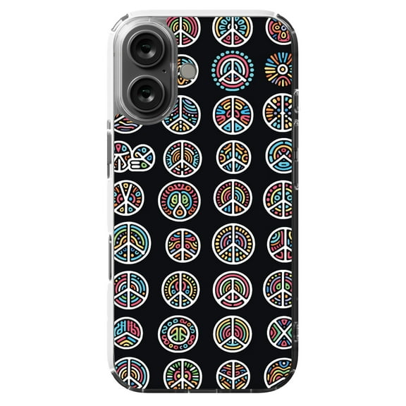 DistinctInk Hybrid Case for iPhone 16 - Slim, Durable, Compatible with MagSafe Charging - Vibrant Peace Signs on Bold Black