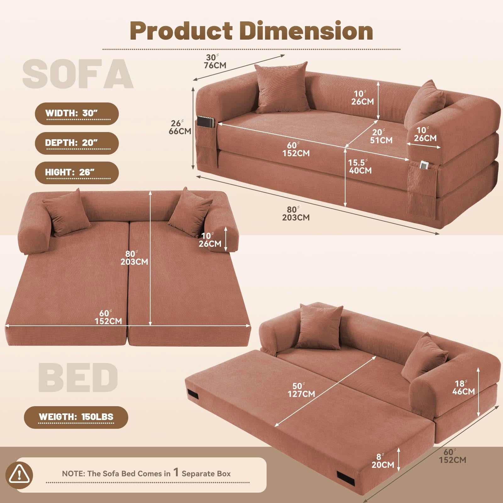 MAYEERTY 80" Pink Corduroy Convertible Sofa Bed, 600lbs Queen Size Fold Out Sleeper Couch with Storage & No Assembly for Living Room