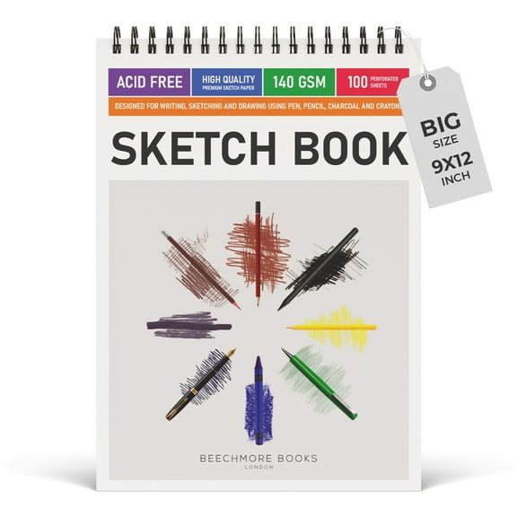 BEECHMORE BOOKS 9x12 Spiral Sketchbook – 140 GSM Acid-Free Paper, 100 Perforated Pages, A4 Art Sketch Pad for Drawing & Sketching, Artists, Adults