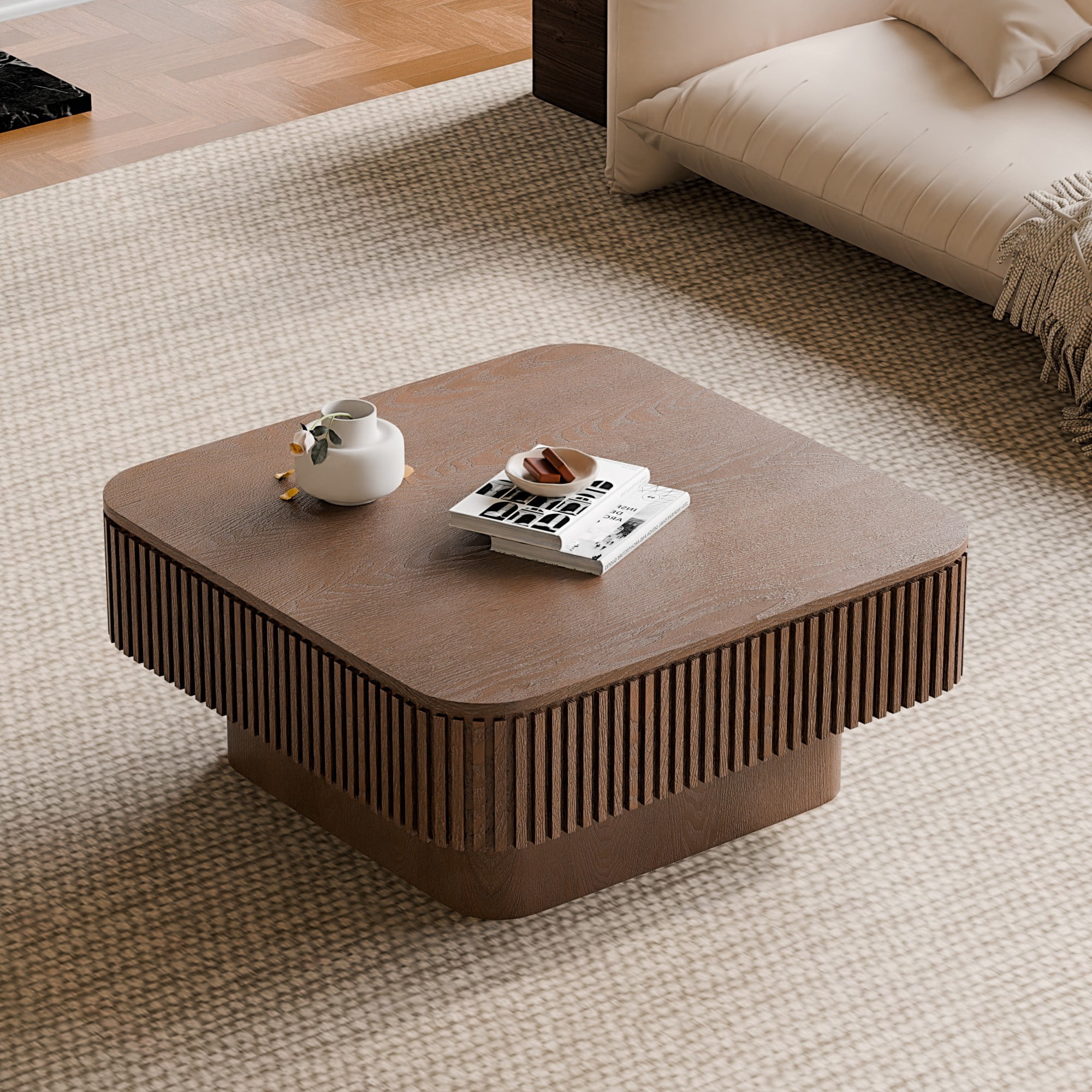 31.5" Square Coffee Table with Storage, Modern Fluted Coffee Table with Hidden Compartment, Wood Veneer Center Table for Living Room, Walnut