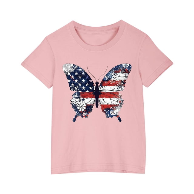 Vestido Corto de Verano Niños Niños Niñas Camiseta de Algodón Cuello Redondo Lindo Día de la Independencia Imprimir Top