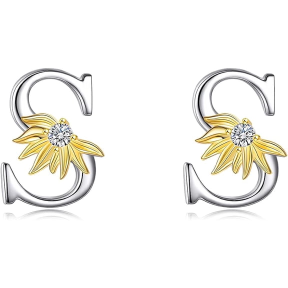 DOLIOX Sterling Silver Initial Alphabet Letter Script Name Earrings Sunflower Initial Studs for Women