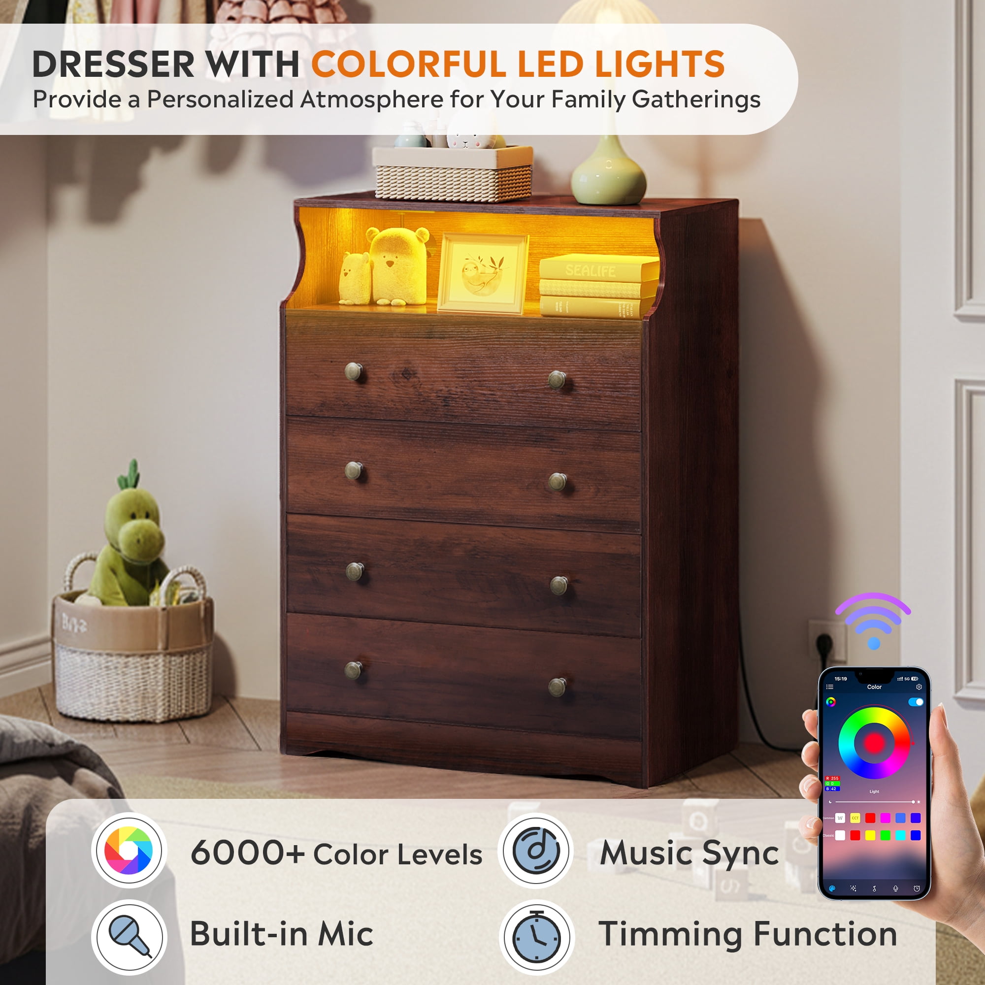 GALAXHERO 4 Drawers Dresser for Bedroom, Rustic Brown Tall Dressers with  LED Open Shelf, Modern Chest of Drawers with Charging Station, Wood Closet Clothes Organizer Storage Cabinet
