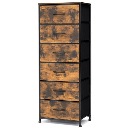 Vertical Dresser Storage Tower - Sturdy Steel Frame, Wood Top, Easy Pull Fabric Bins- Organizer Uni 6 Drawers (Rustic Brown)