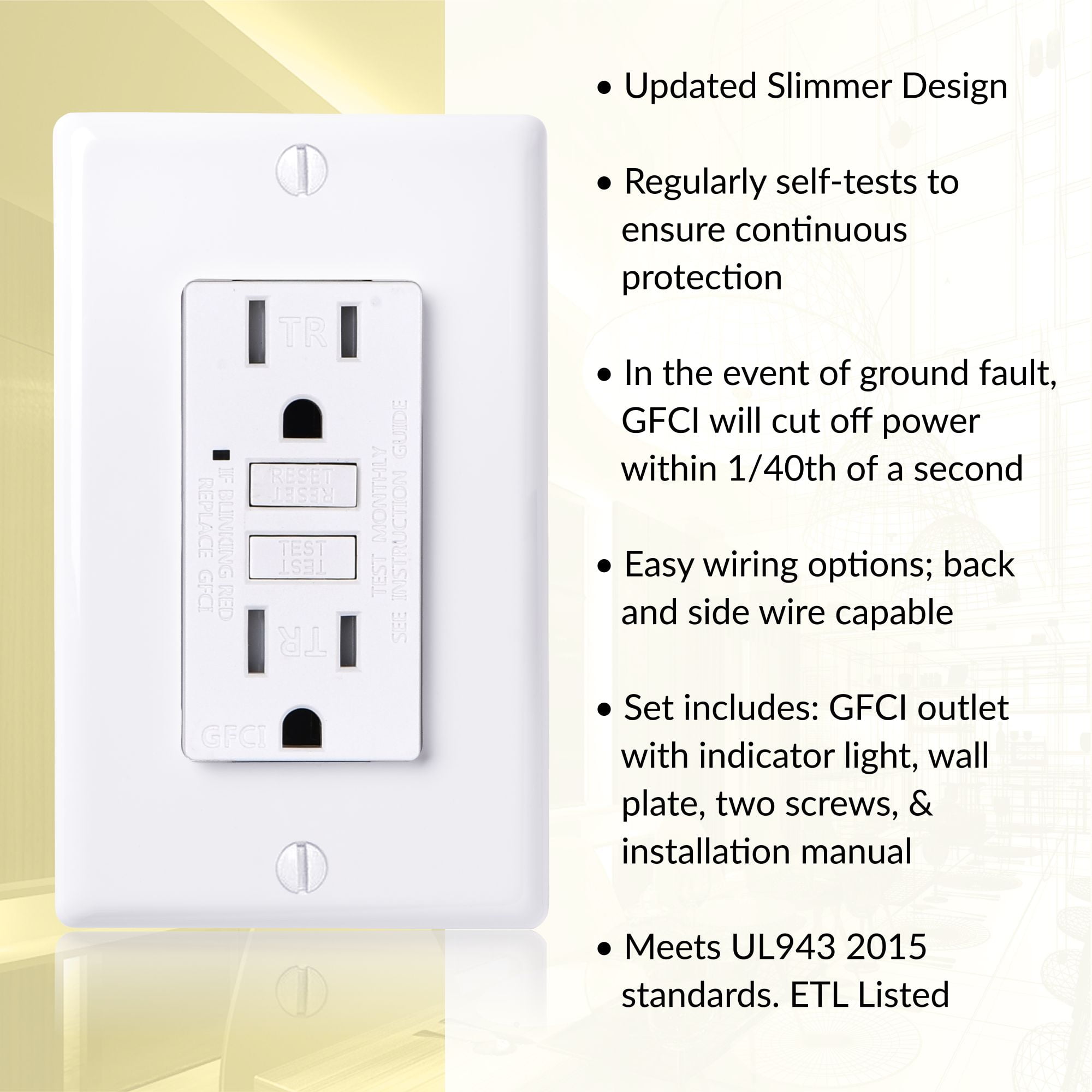 Faith 15A GFCI Outlets, Slim, Tamper-Resistant GFI Duplex Receptacles with LED Indicator, Self-Test Ground Fault Circuit Interrupter with Wall Plate, ETL Listed, White, 10 Pack