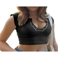 thumbnail image 2 of Femmes V Col Crop Tops Été Slim Fit Short T Shirt Patchwork Manches Courtes Côtelé Stretch Navel Shirt, 2 of 5