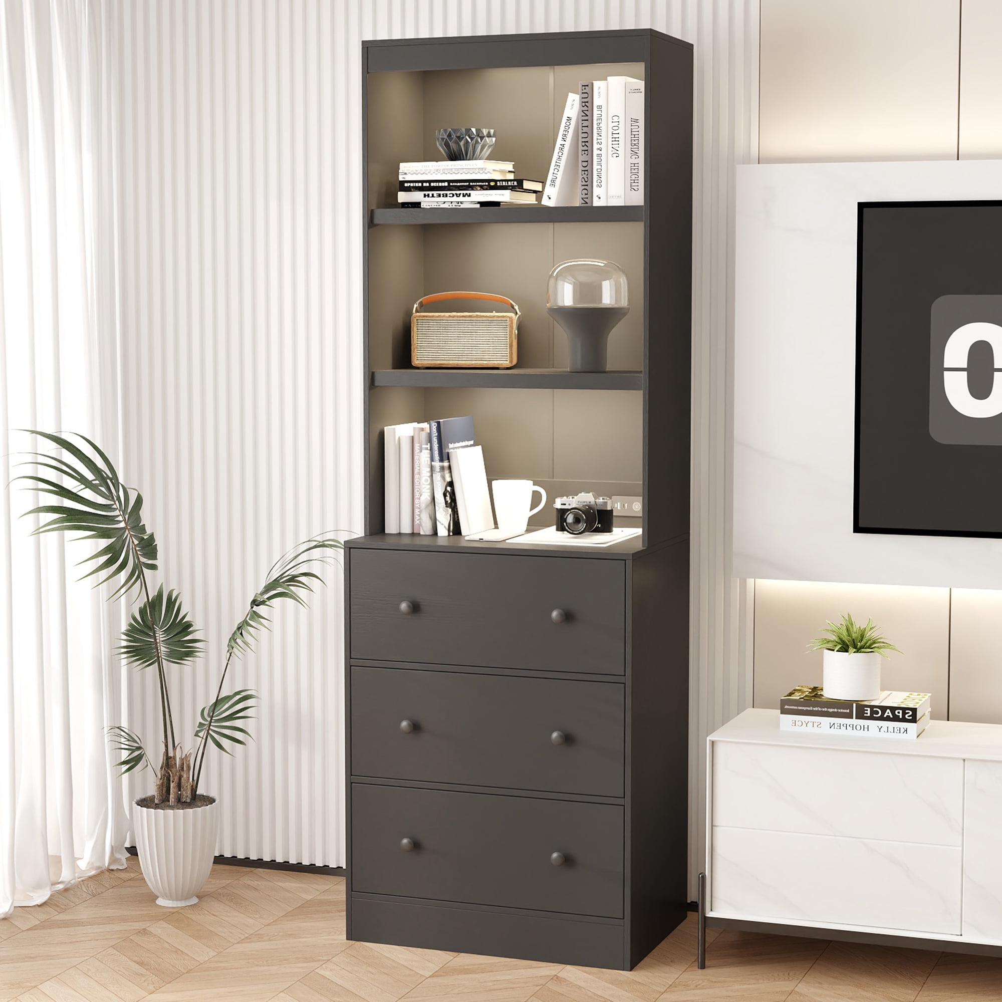 IDEALSOUL 2PCS 71" Tall Bookcase with Drawers, Black Wooden Bookcase with Charging Station & LED Lights, Freestanding Display Cabinet with Shelves for Living Room, Office, Bedroom