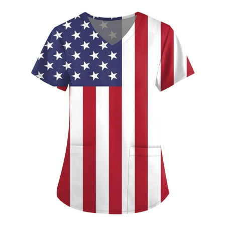 

Sksloeg Scrub Tops Women Clearance V-Neck Tops American Flag Star Print Fit Scrub Clothes Short Sleeve Women Working Uniform Workwear with Pocket Red XXXL
